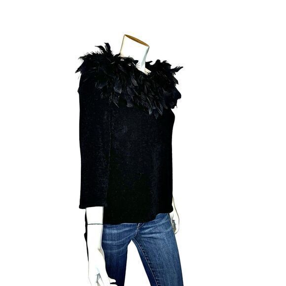 VINTAGE Y2K Feather‎ Embellished Sweater Women’s Petite M Black Dressy Witchy - Picture 2 of 6